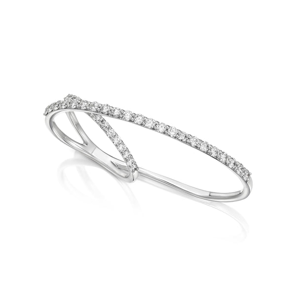 Double finger Ring with Line of Diamonds white gold 18K